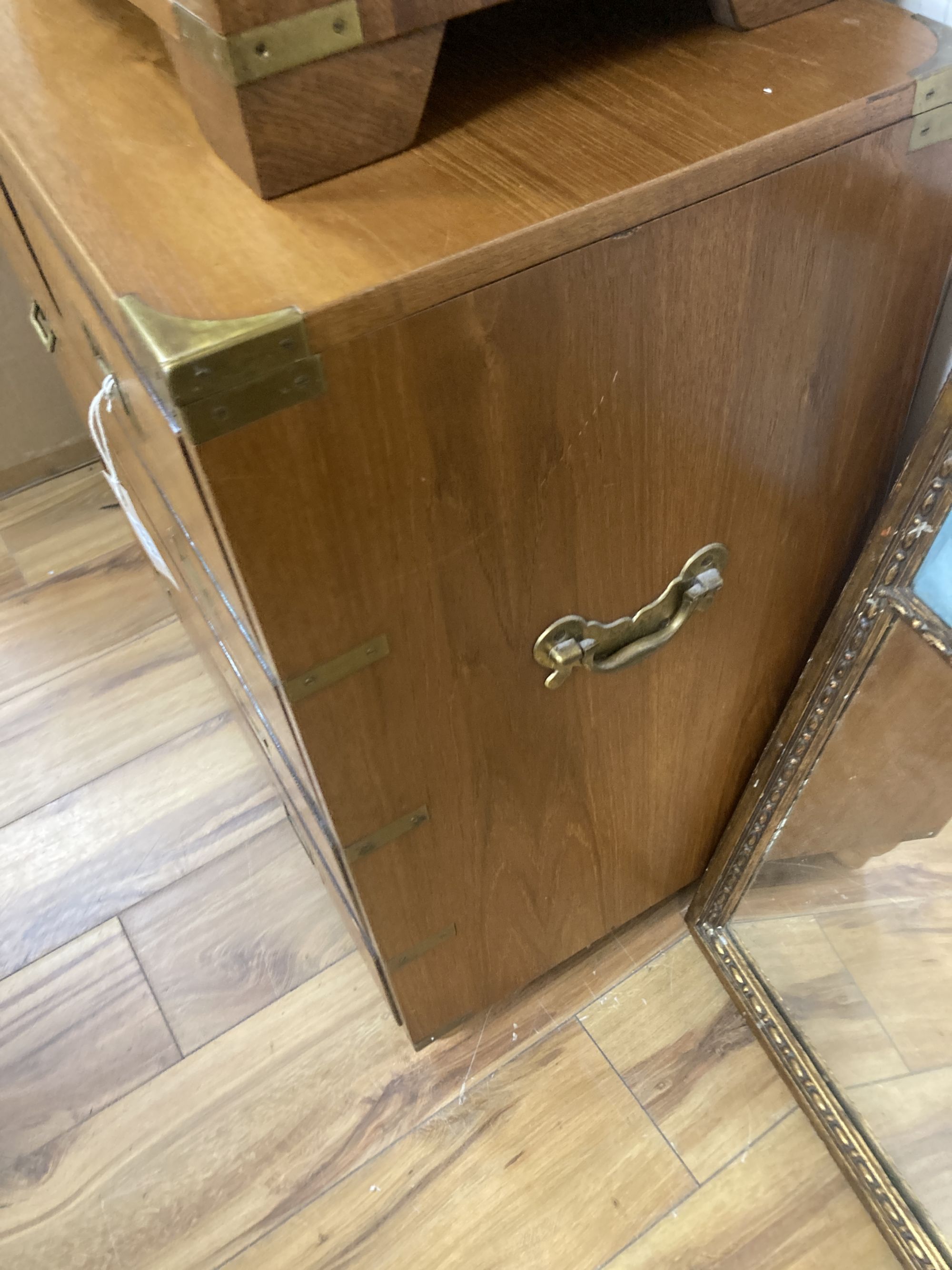 Two reproduction military-style chests, larger width 68cm, depth 38cm, height 69cm together with an oak wall bracket